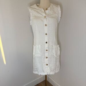 [J. Crew] White Sleeveless Mini Dress with Button Detail 100% Linen - Size Small